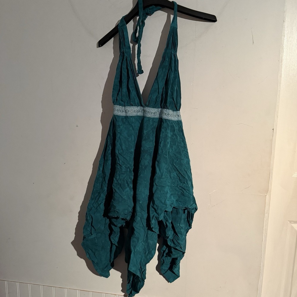 Y2K Asymmetrical Mini Halter Dress Fairycore Teal Boho Ethereal Whimsigoth L/XL